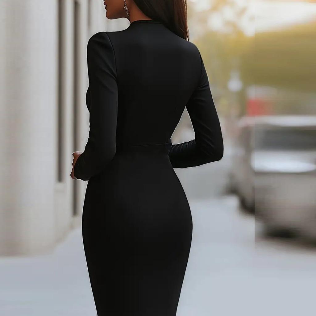 Женское модное платье с V-образным вырезом, приталенного силуэта, однотонное, с длинными рукавами