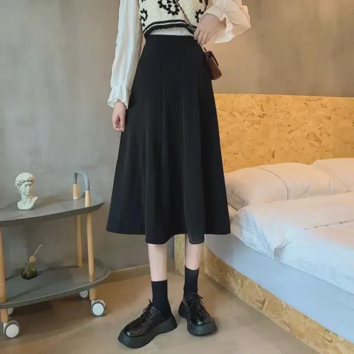 Women's High-Waist A-Line Skirt: Mid-Length, Solid Colors, Beige or Black, Year-Round Wear