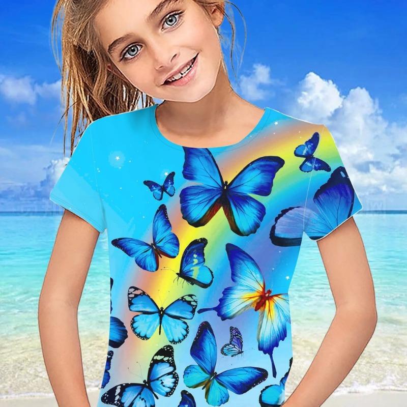 Детская одежда Одежда для девочек Футболка с коротким рукавом для девочек Милая бабочка с принтом Kawaii Круглый вырез для девочек Летняя детская одежда