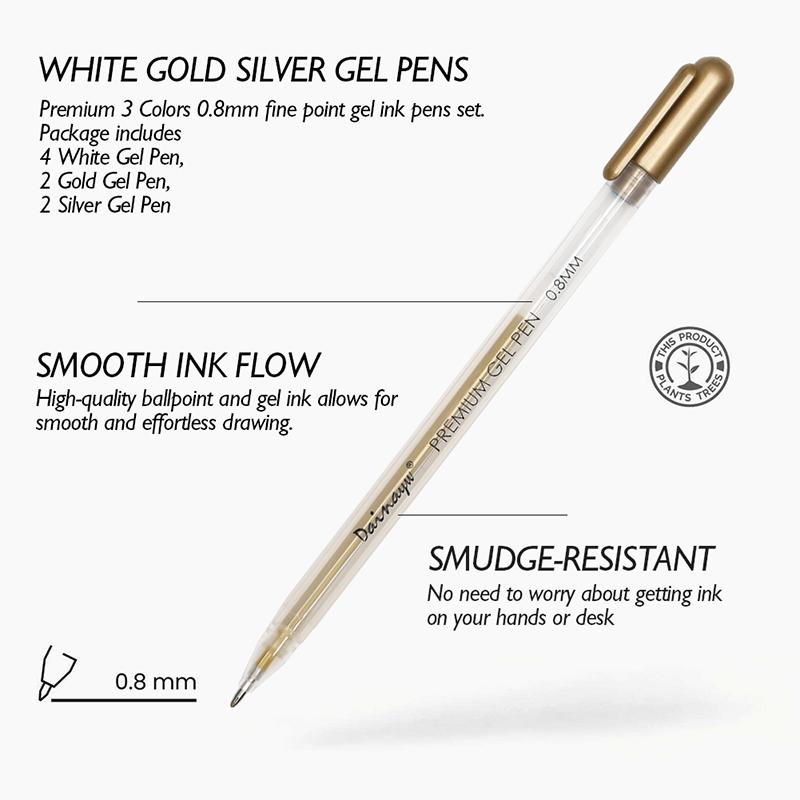 White Gold Silver Hightlight Gel Pen 8 PCS 0.8 Mm Nib Ballpoint Pens and 4 PCS Refills for Black Paper Drawing Painting Sketching