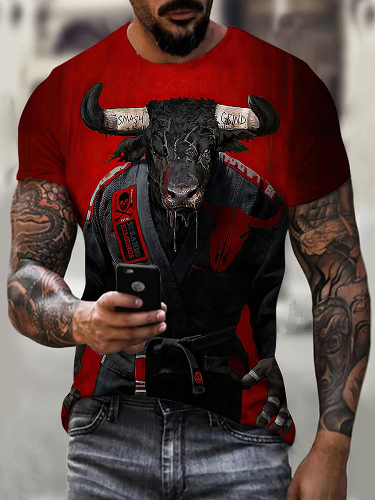 2024 New Summer Daily Casual Men's T-shirt Outdoor Street Men Fashion Short-sleeved Top 3D Bull Head Print Men's T-shirt