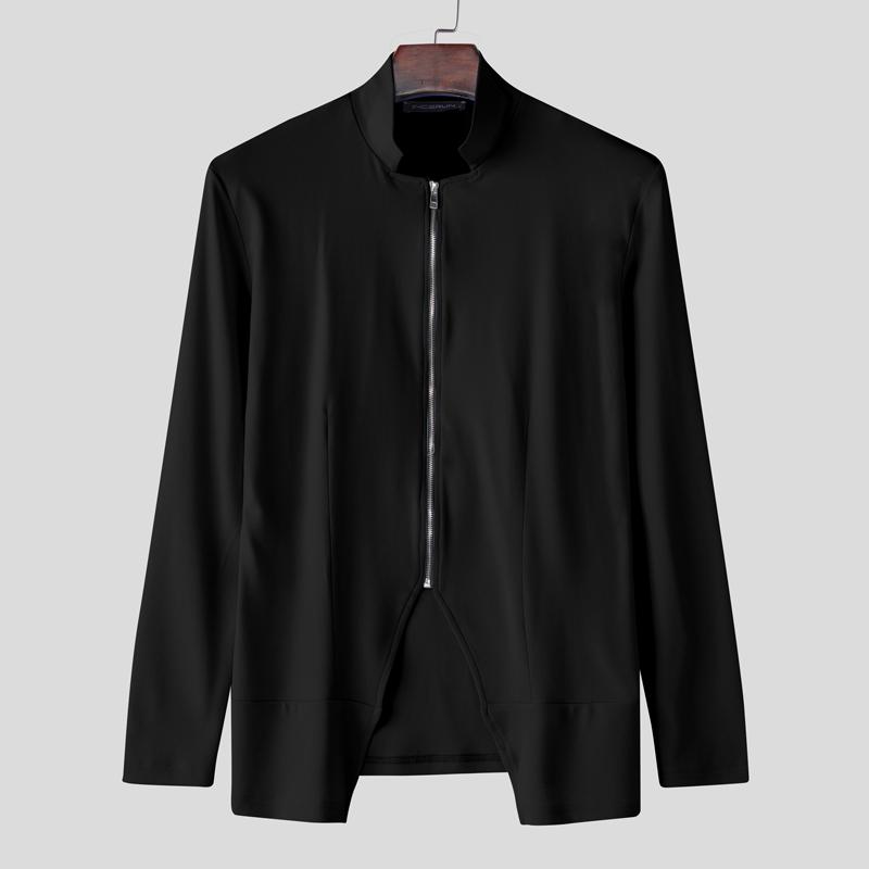 INCERUN Мужские весенние топы с воротником-стойкой, длинными рукавами, на молнии, повседневные, приталенные, майки