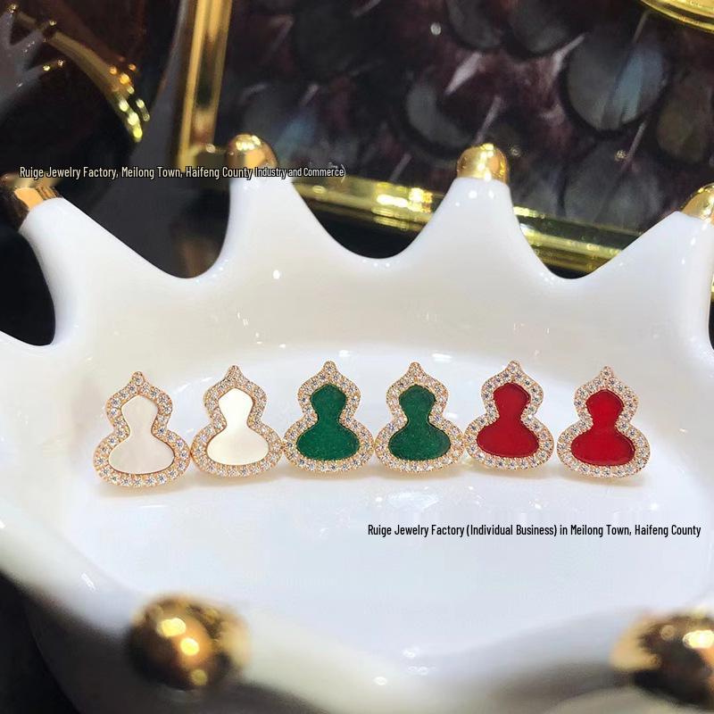 Серьги-Тыквы в китайском стиле из розового золота с бриллиантами, с красным агатом, зеленым халцедоном или белым перламутром, с узорами Фу Лу