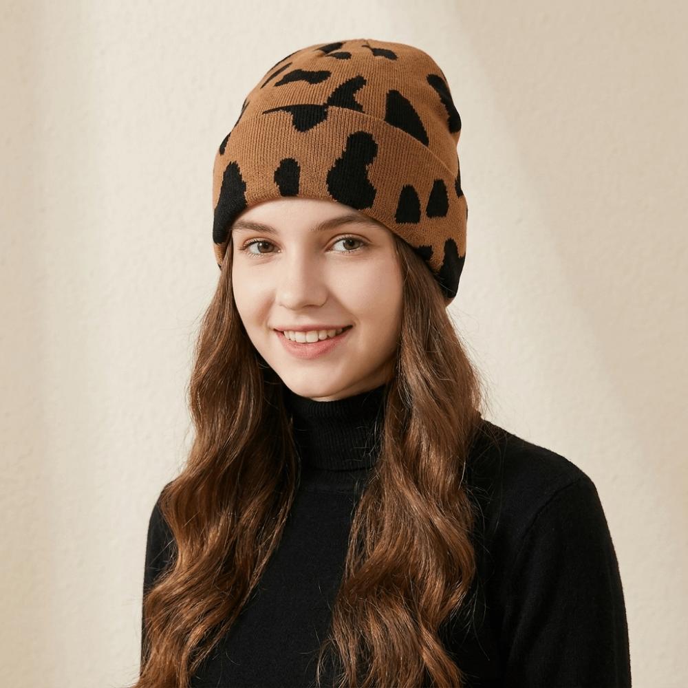 Ear Protection Cow Pattern Knitted Hat Thickened Winter Beanie Hat Fashion Pullover Hat Riding