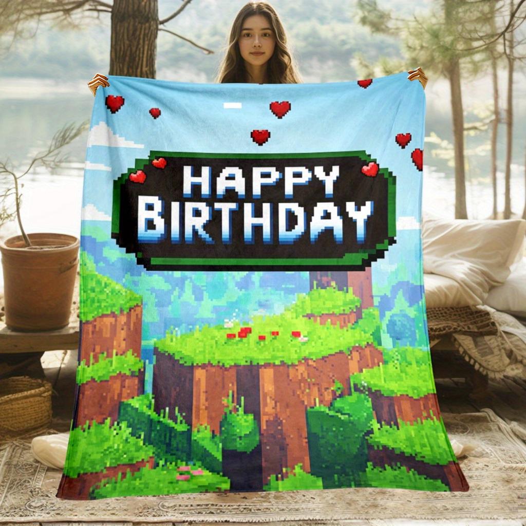 Happy Birthday Pixel Game Style Fleece Blanket Retro Video Game Art Soft Flannel Throw for Party Celebration Gift