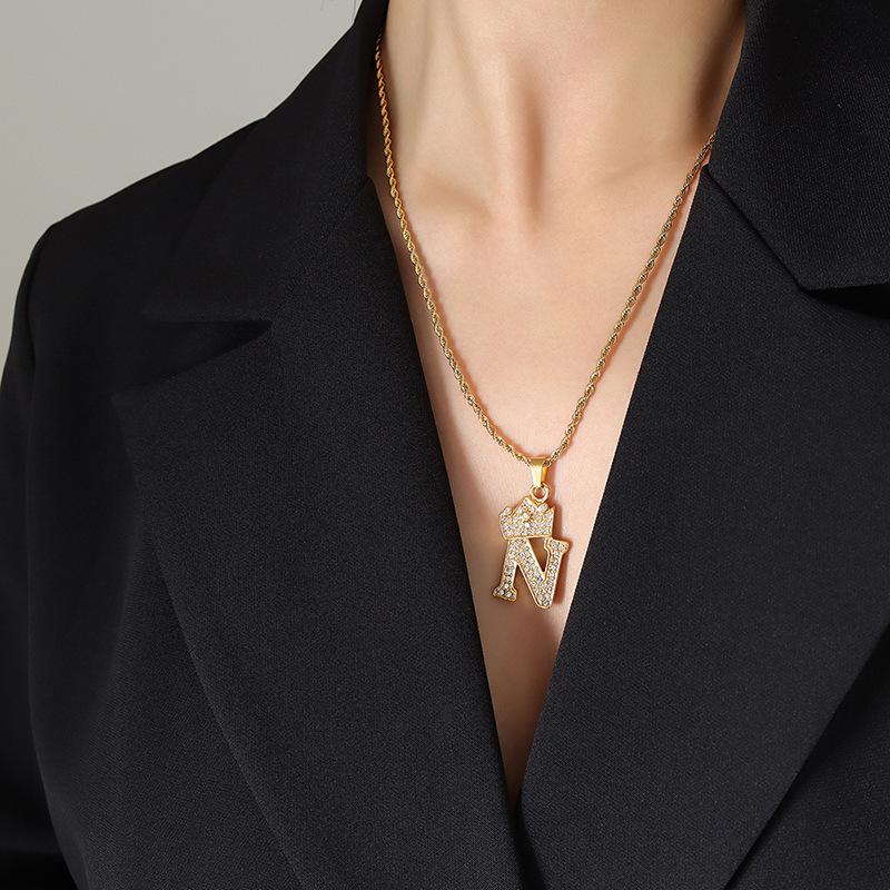 Smart Crown Necklace Korean Version Creative Fashion Design Zircon 26 Letter Pendant Gold-Plated Collarbone Chain Jewelry