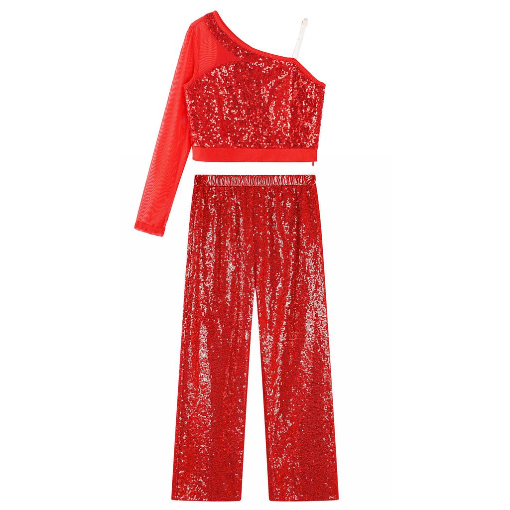 Girls Sparkly Dance Outfit Sheer Mesh Long Sleeve One Shoulder Crop Top