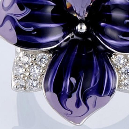 Women Ring 3D Flower Shape Rhinestone Decor Enamel Polished Copper Anniversary Gift Wedding Party Banquet Cocktail Jewelry