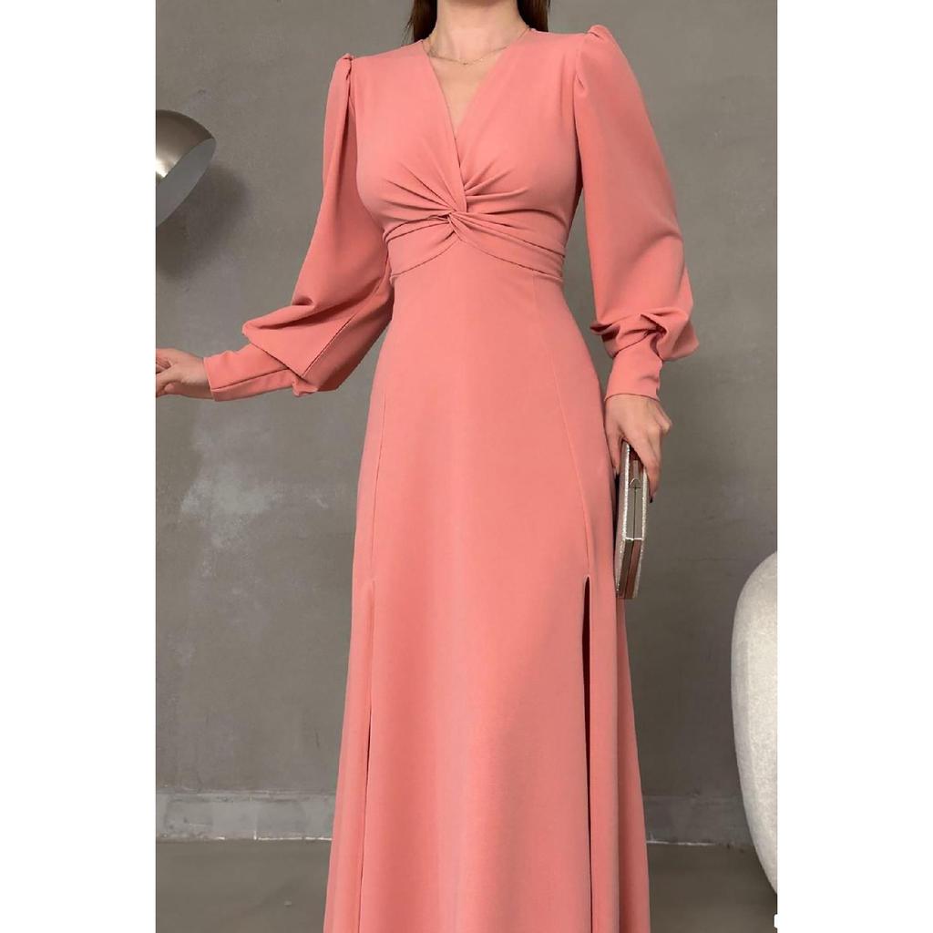 Black Crepe Fabric Front Knot Detail Maxi Length Long Sleeve Double Slit Dress
