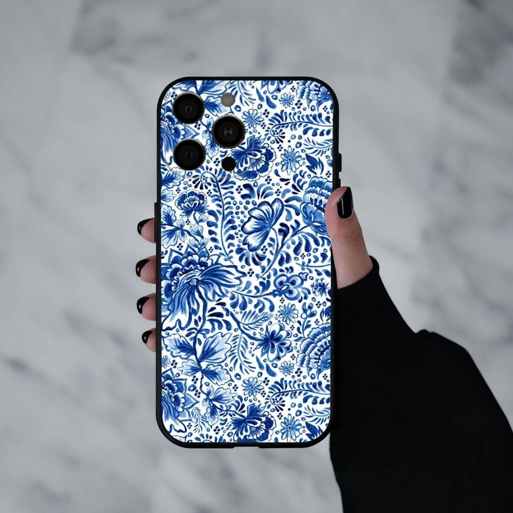 Сине-белый фарфоровый чехол для телефона iPhone 17pro, 16, 15, 14, 13, 12, 11 Plus, Pro Max, XS, Мягкий силиконовый черный чехол