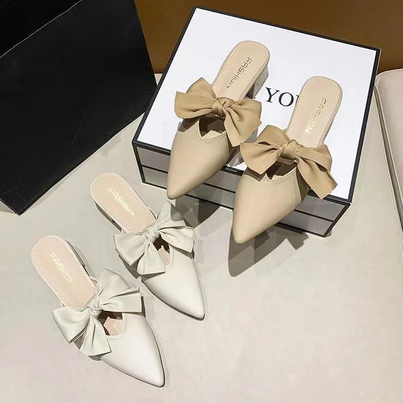 С бантом Низкий каблук Уличная обувь Хаки Женские тапочки и женские сандалии Остроносые шлепанцы Мюли Корейский стиль G Роскошные H Сандалии