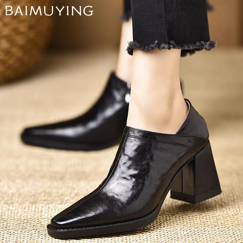Кожаные женские ботильоны с острым носком, дизайнерские элегантные туфли на высоком каблуке 2024 года, трендовые зимние туфли-лодочки на массивной подошве, модные женские туфли Botas De Mujer