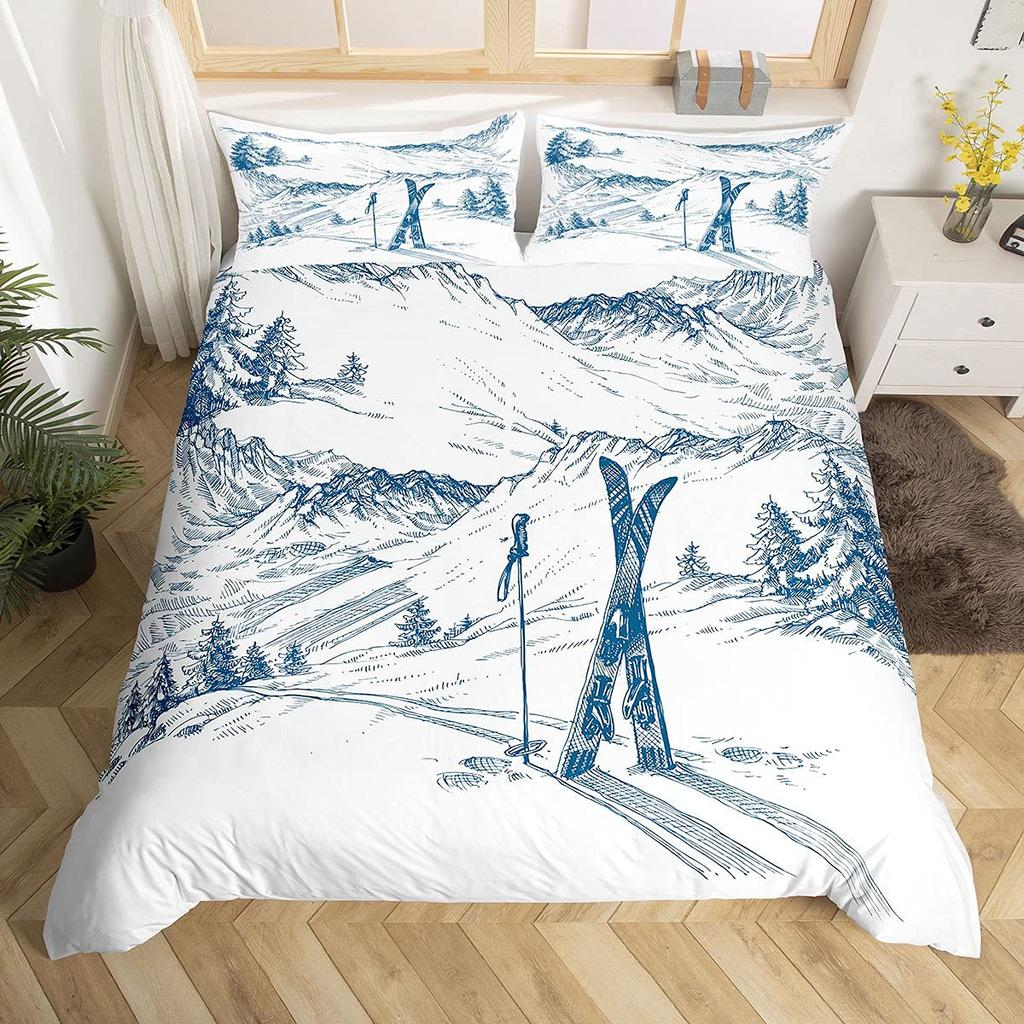 Skiing Sports Duvet Cover Queen Size For Kid Teen Winter Sport Ski Theme Comforter Cover Set Microfiber Snow Mountain Landscape
