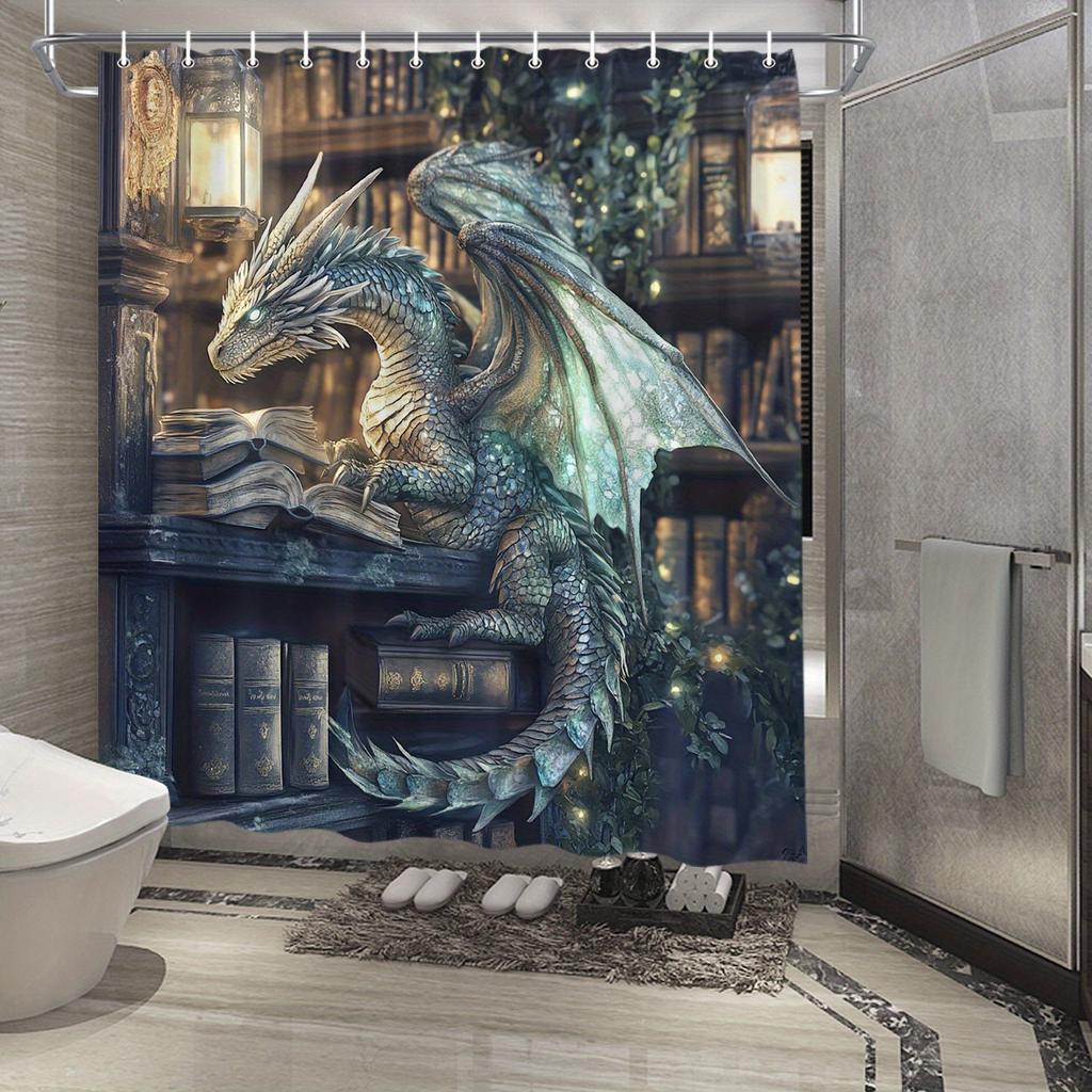 Mystical Dragon Shower Curtain - Blue-Green Scales, Translucent Wings, Illuminated Bookshelf, Warm Ambiance, Water-Resistant