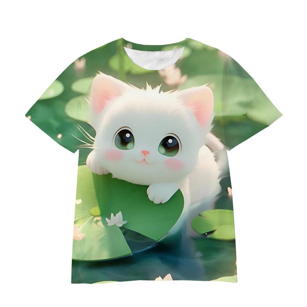 Summer Round Neck 3D Cartoon Furry Animal Print Top Fashionable Casual Short Sleeved Children's Boy and Girl Universal T-shirts