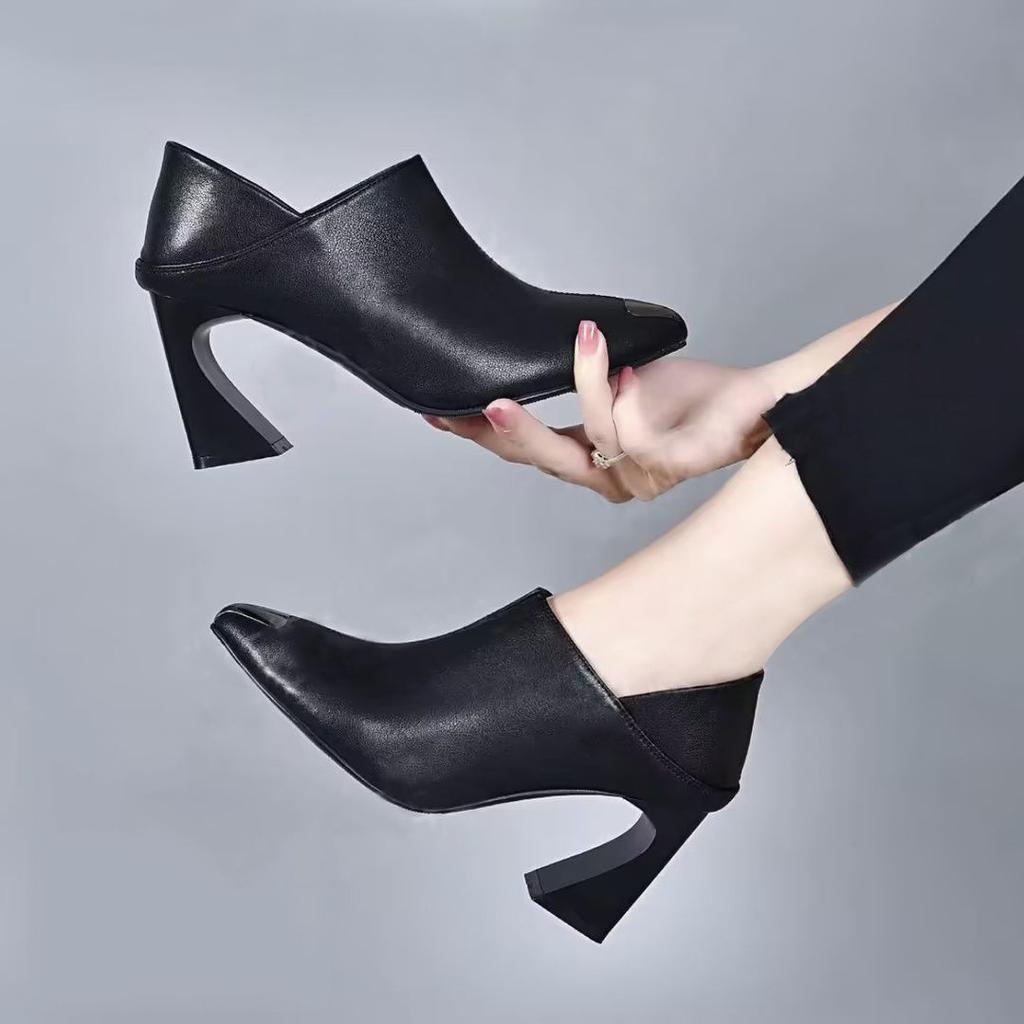 Comfortable Anti-kick Pointed Deep Mouth Single Shoes Xin Two Wear Thick Heel Soft Leather Casual High Heel Small Leather Shoes Women
