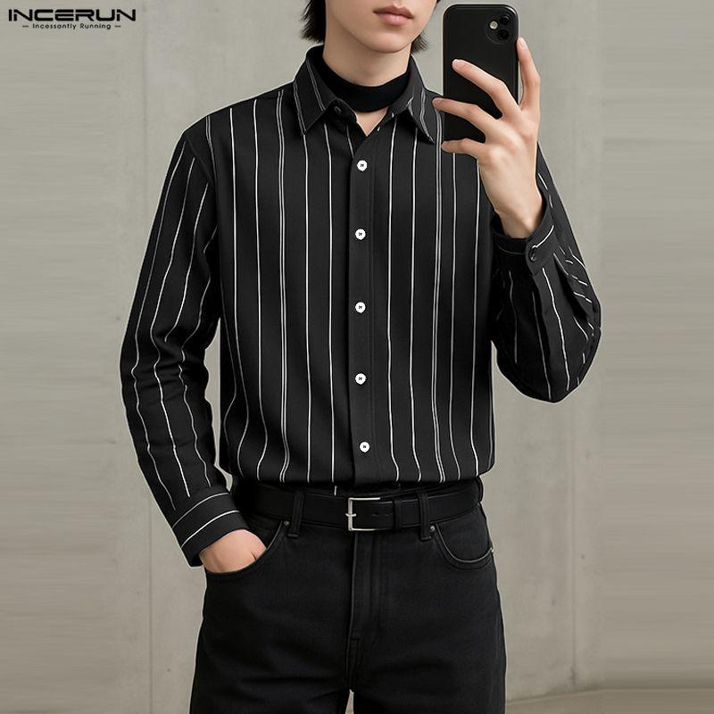 INCERUN Oversized Men Turn-down Collar Long Sleeve Striped Casual Loose Shirts