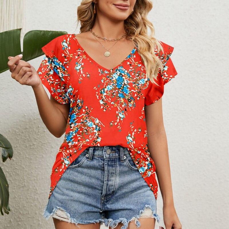 Loose Vintage Floral Print Casual Tops Fashion Vneck Double Layer Butterfly Sleeves Women Blouses 2023 Summer Shirt 24741