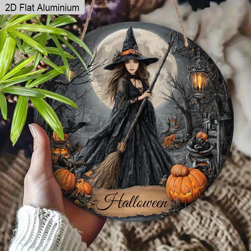 2D Flat Aluminium Halloween Sign with Witch Pattern - Halloween Figurine Ornaments - Ideal for Front Door, Wall, Porch, Window Decor - Ideal