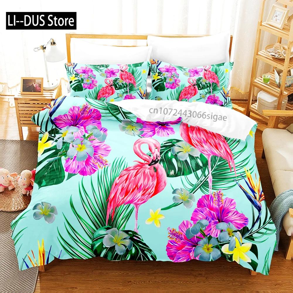 Pink Flamingo Duvet Cover Green Leaves Floral Animal Print Bedding Set For Kids Girls Tropical Pattern Design Bedroom Decor