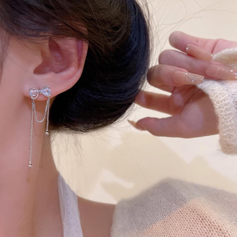 Элегантные длинные серьги-бантики с кисточками для женщин – серебро S925 с цирконом