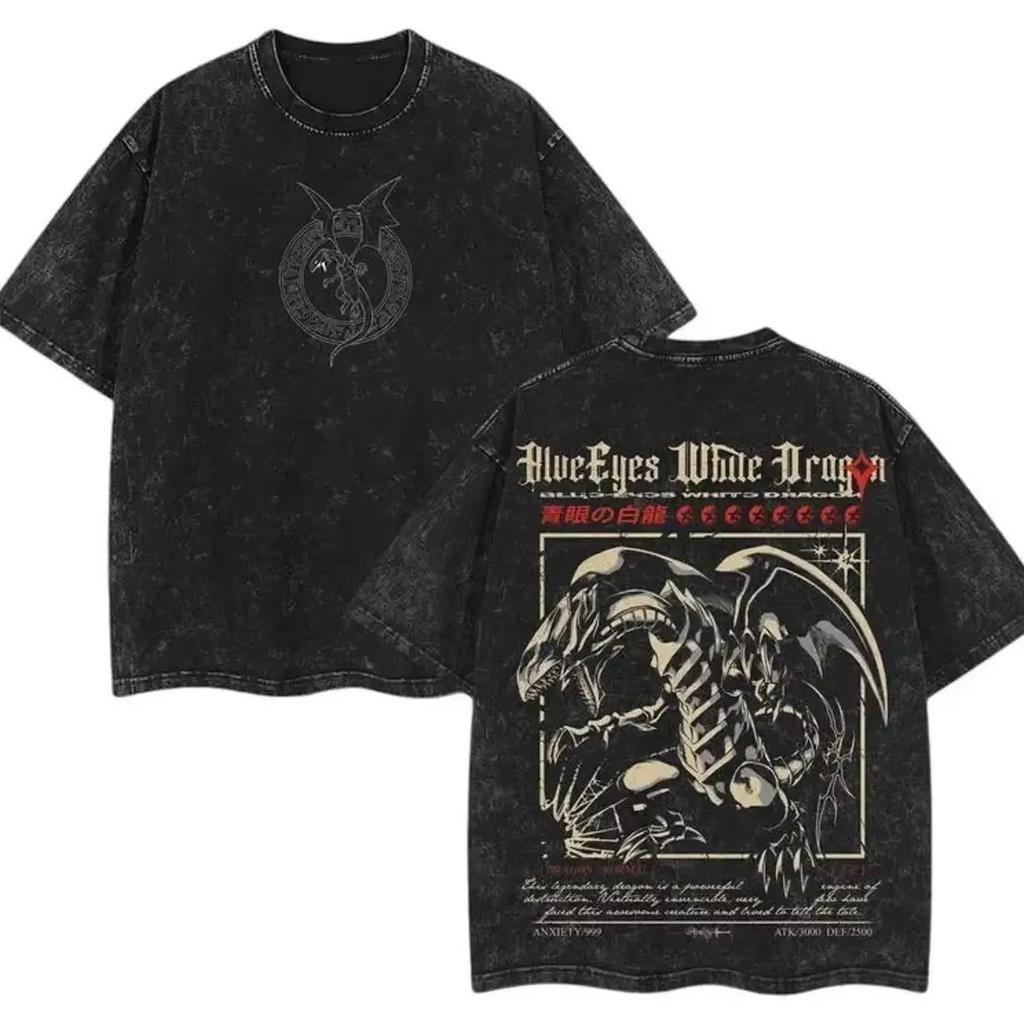 Manga Yu-Gi-Oh T-shirt Blue-Eyes White Dragon Y2k Washed Tshirt Oversized T Shirt for Men's Clothing Short Sleeve Cotton Tee Top