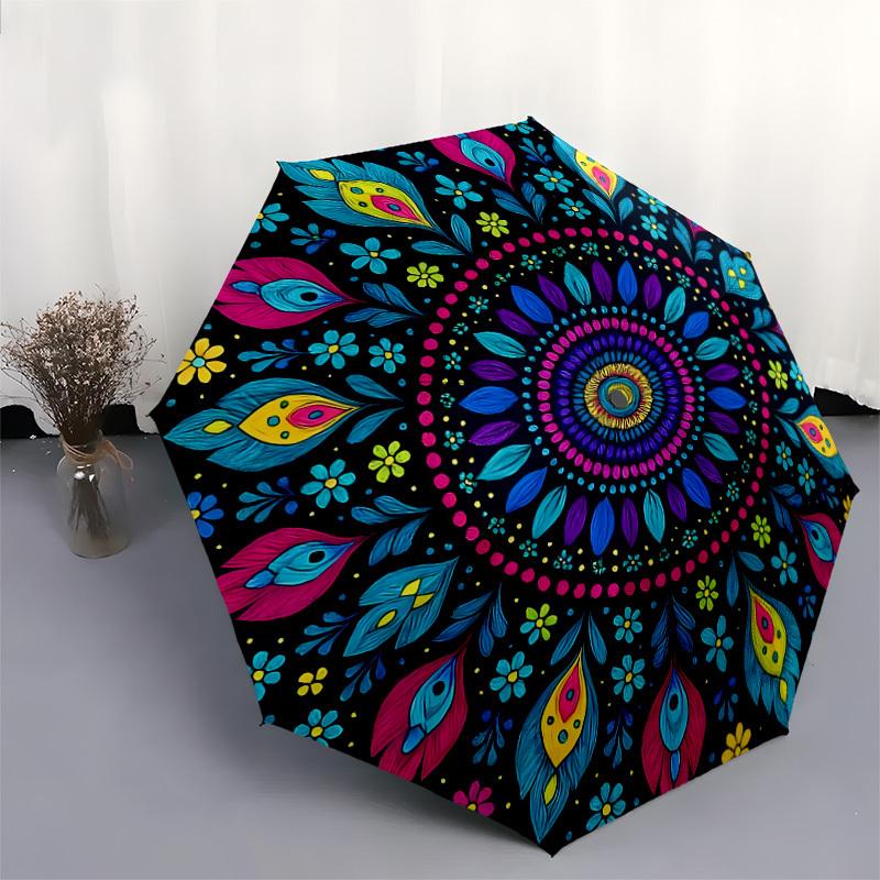 1pc Colorful Floral Mandala Pattern Umbrella with Plastic Handle,Suitable for All Seasons Home Travel Outdoor UmbrellaDD1328