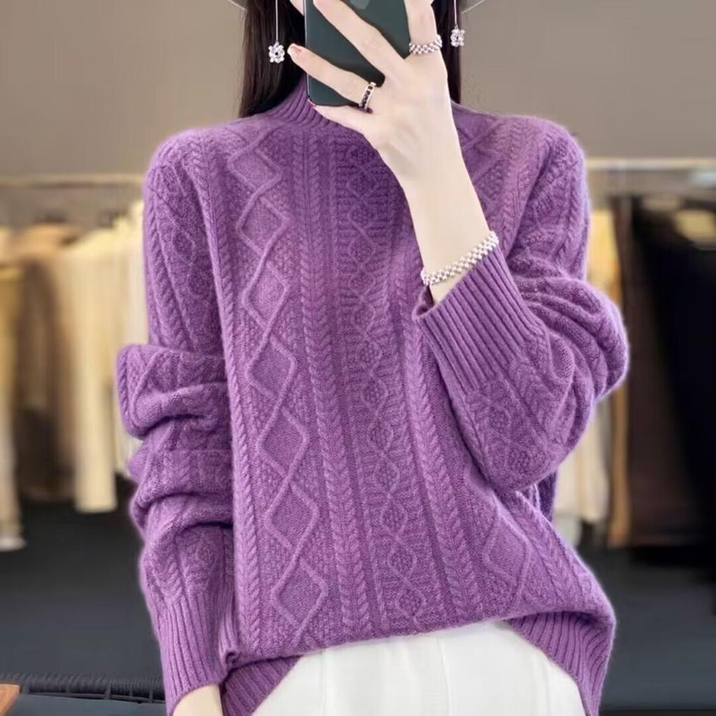 Women Half-high Neck Sweater 2025 Spring Winter New Thickened Foreign Fashion Loose Twisted Flowers Long-sleeved Knitted Bottoming Tops