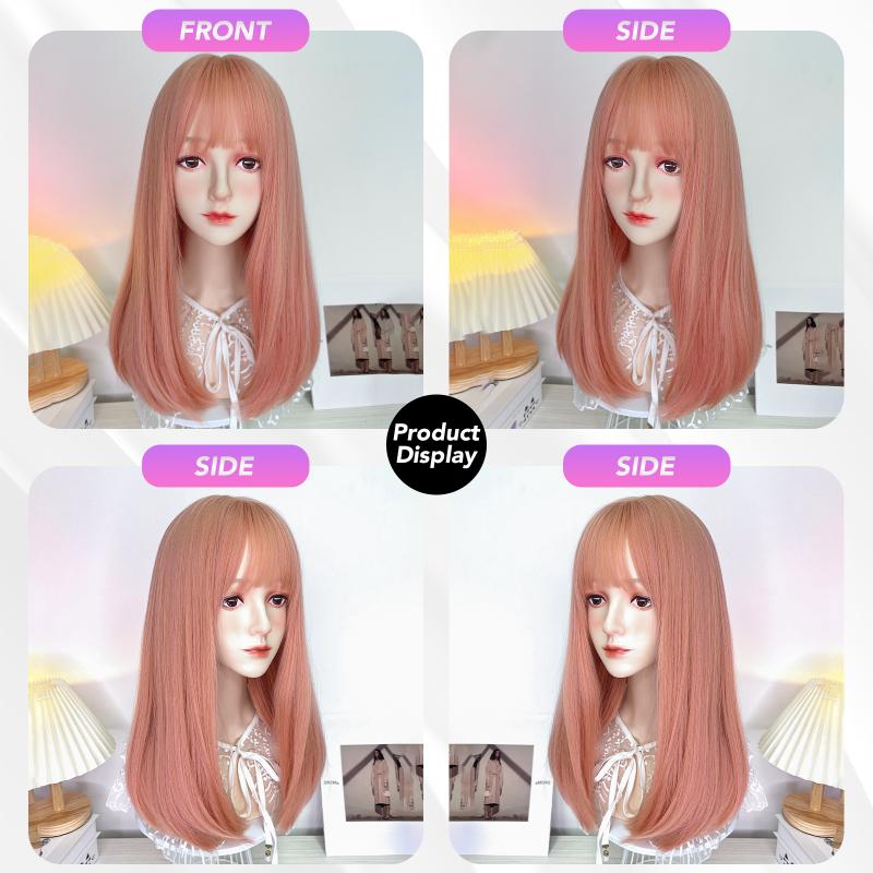 18-дюймовый розовый парик с прямой челкой, синтетический парик из волокна, термостойкий, без бликов, натуральный косплей для женщин, повседневное использование, корейская мода