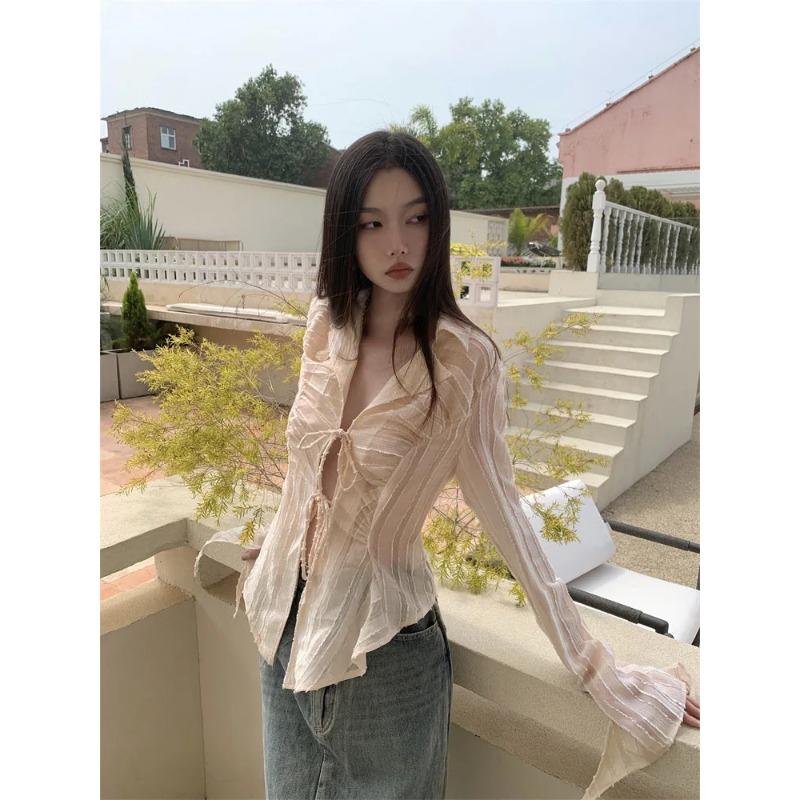 Yedinas Fairycore Lace Up Blouse Women Long Sleeve Spring 2023 New Turn-down Collar Women Shirt Ladies Tops Korean Fashion Chic