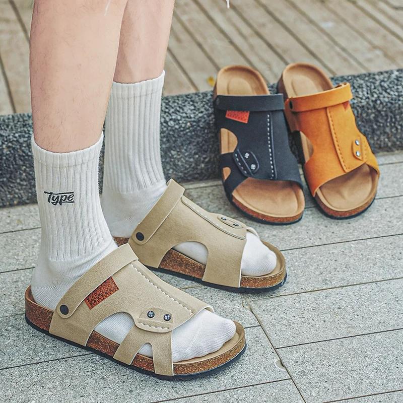 Мужские удобные повседневные сандалии для спальни, летние шлепанцы на плоской подошве, пробковые тапочки для мужчин, домашние шлепанцы с поддержкой свода стопы, zapatos