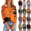 Women's Seven Quarter Sleeved T-shirt V-neck Button Up Shirt With Printed Loose Top For Halloween