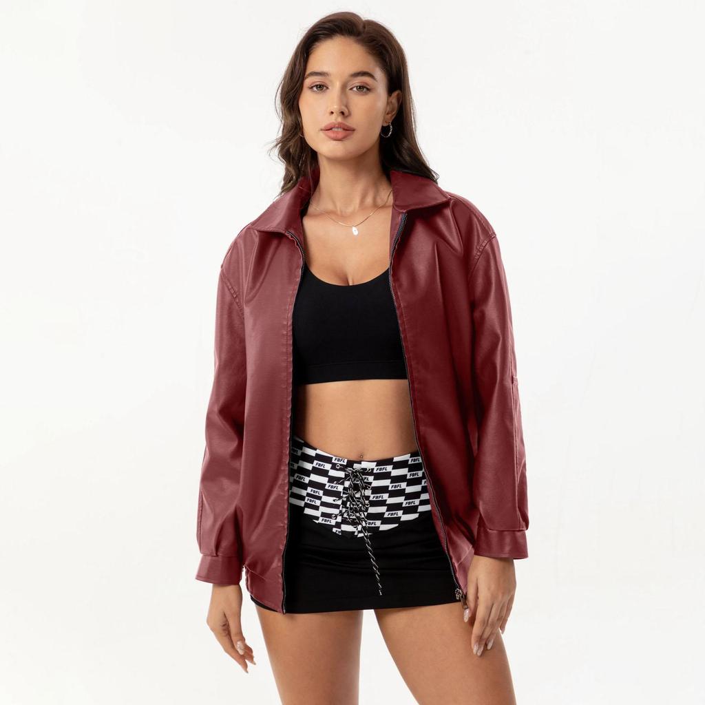 Осень-зима Женская приталенная куртка из искусственной кожи с воротником-лацканами и длинным рукавом на молнии