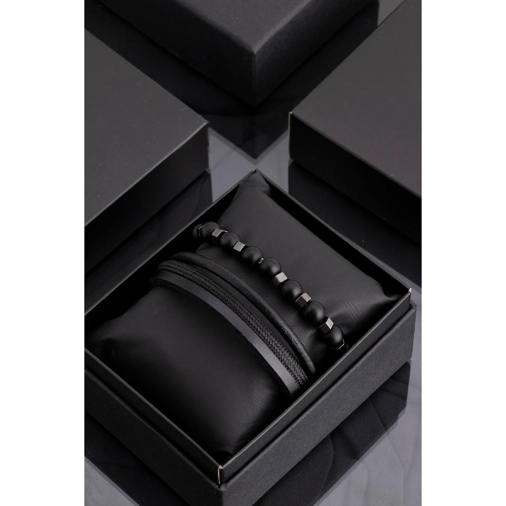 Мужской комбинированный браслет из черной натуральной кожи и гематита из натурального камня 001