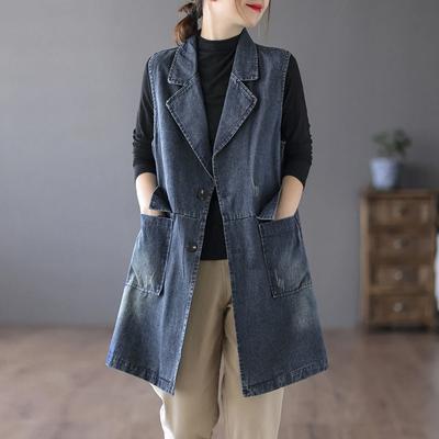 Джинсовый жилет средней длины в стиле ретро для женщин, новый свободный жилет большого размера с воротником и камзолом