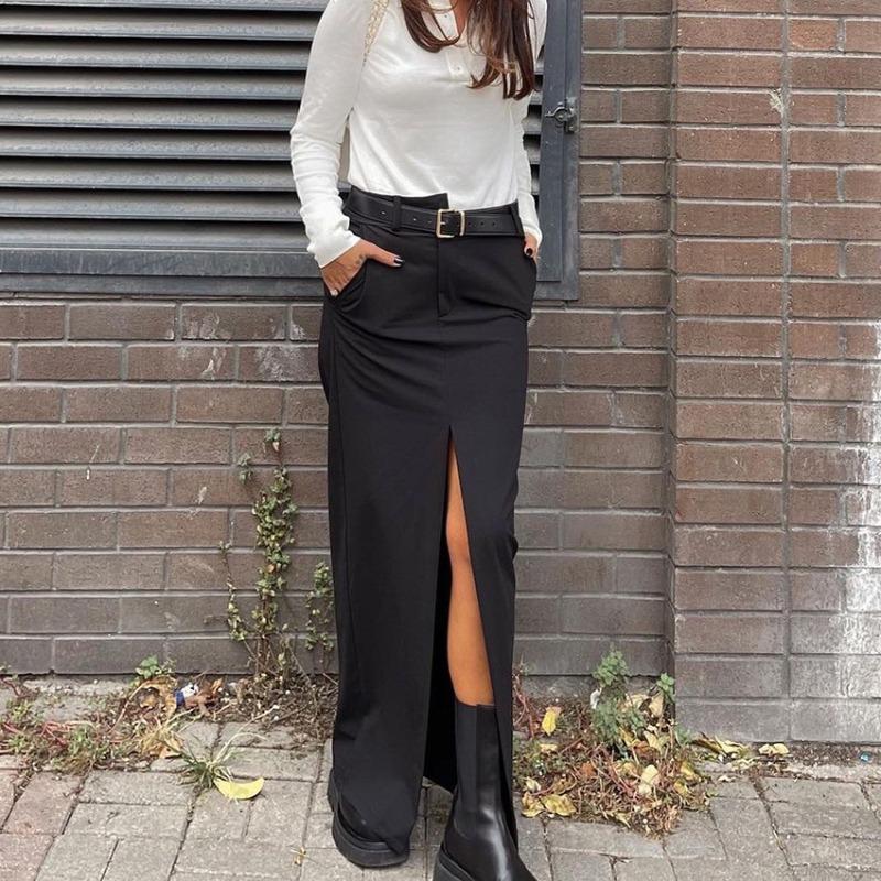 Fashion Black Office Skirts For Women Elegant High Waist Slit Long Skirt Casual Chic Female Skirt