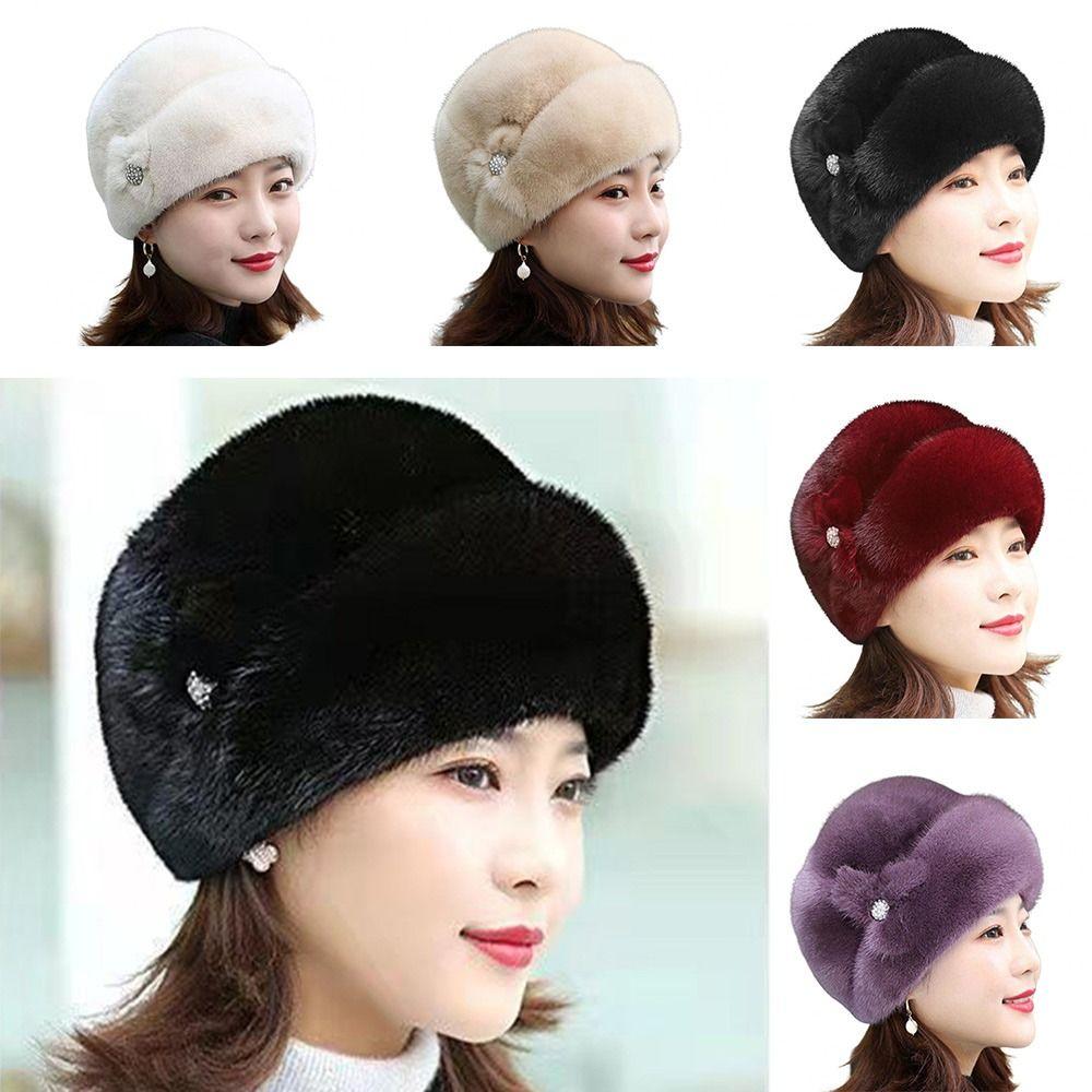 Faux Rabbit Fur Winter Hat Flower Decor Thermal Hat Solid Color Windproof Caps  Cycling Skiing