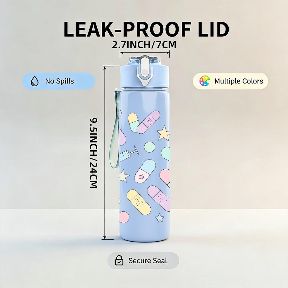 1PC Medical Supply Sticker Pack 750ml Color Plastic Sports Water Bottle Leakproof Flip Straw Lid Suitable for Sports Office Home Use