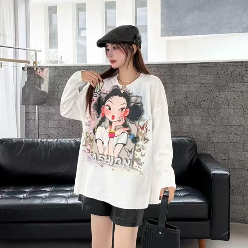 Autumn Women’s Oversized Sweater, Front & Back Print, Korean Style, Versatile Long Sleeve Knit Top