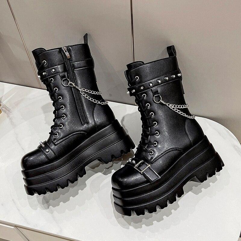 Motorcycle Ankle Boots Woman Punk Gothic for Women Boots Combat Ladies Black Metal Button Autumn New Women Shoes Platform Boots