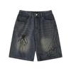 Men's Retro Distressed Hand-Painted Spider Denim Shorts - Loose Fit, Blue, Summer Straight-Leg Style