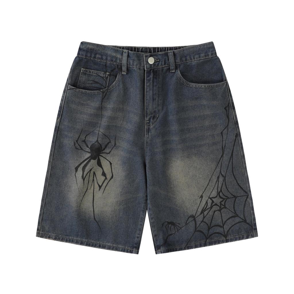 Men's Retro Distressed Hand-Painted Spider Denim Shorts - Loose Fit, Blue, Summer Straight-Leg Style