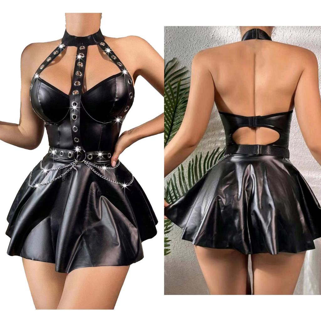 Женское мини-платье из искусственной кожи без рукавов с бретелями и цепочкой, облегающее платье, клубная одежда