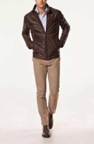 Коричневая мужская куртка из натуральной овчины, праздничная, ручной работы, байкерская, мотоциклетная