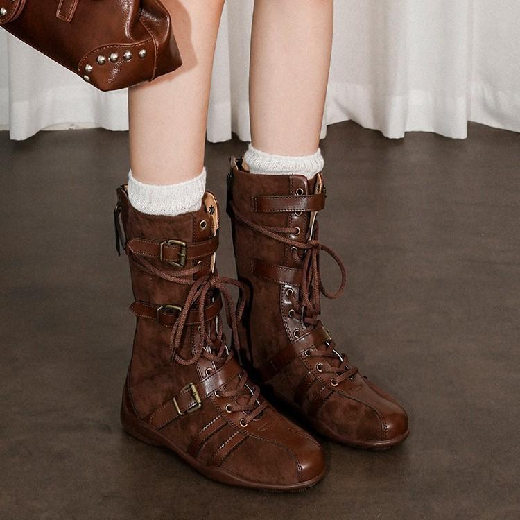 Издание из коровьей кожи~ Ретро Сплайсинг Замша Боксерские Ботинки Женская Мода Ниша Пряжка на Ремне Шнуровка Задняя Молния Ботинки Мартин