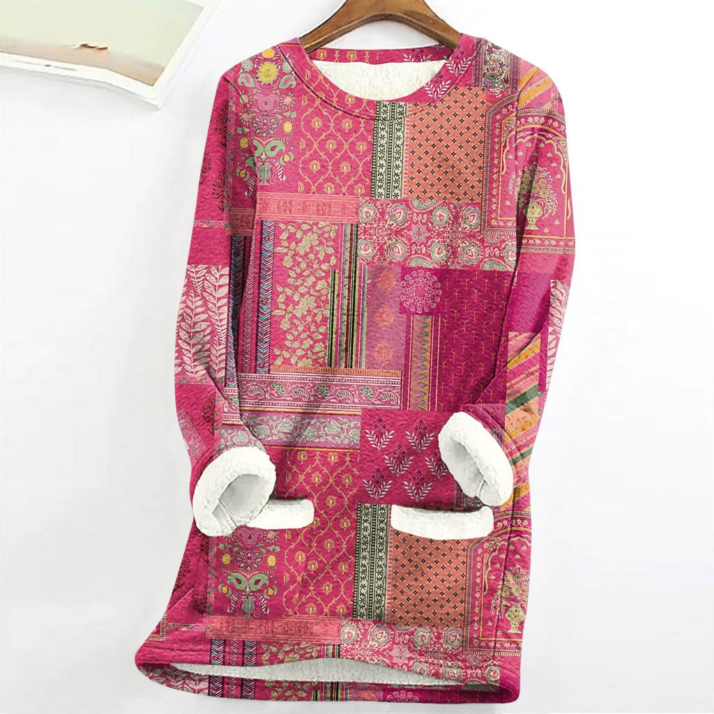 Women's Round Neck Top Printing Thickened Plush Cashmere Warm Long Top