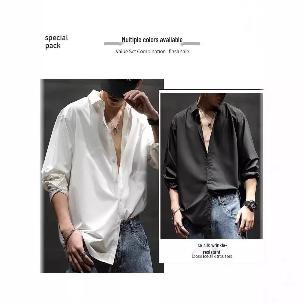 Белая рубашка с длинным рукавом в стиле ретро, свободного кроя, не мнущаяся