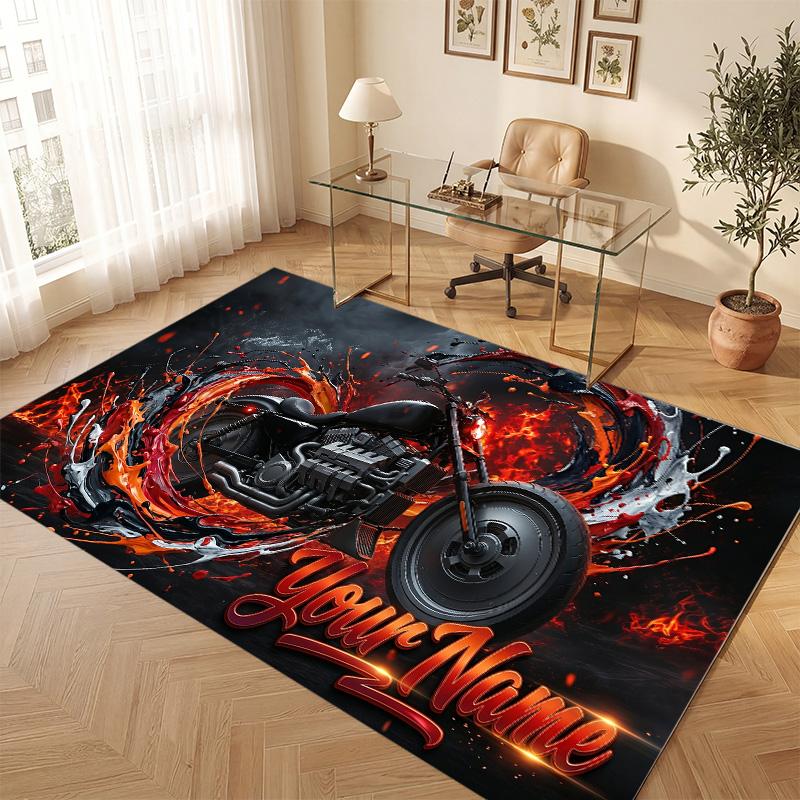 Motorcycle Biker Theme Soft Crystal Velvet Rug Custom Name & Text Print Non Slip Floor Rug for Bedroom Living Room