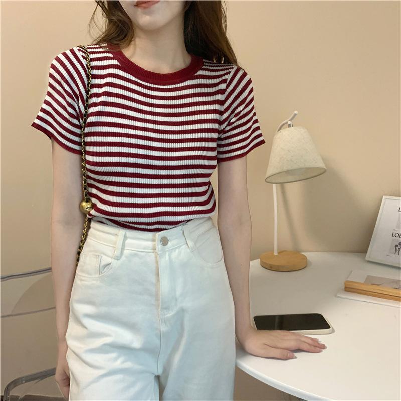 Футболка с круглым вырезом и короткими рукавами, женская летняя, с высокой талией, тонкая, в полоску, узкая, короткая, трикотажная, повседневная, облегающая, свитера, футболки