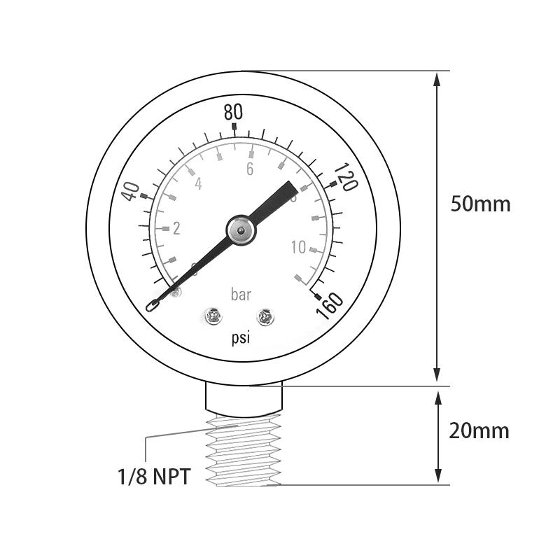 TS-Z53 Water Pressure Gauge Dual Scale Gas Pressure Gauge 0-160 PSI/0-11 Bar Test Range Oil Pressure Gauge